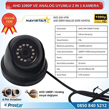 AHD 1080P ve Analog Pal Çevrilebilir 4 Pin Plastik Mini Dome Araç Kamerası