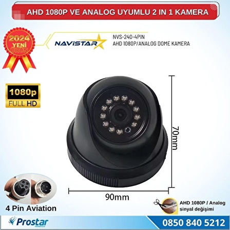 AHD 1080P ve Analog Pal Çevrilebilir 4 Pin Plastik Mini Dome Araç Kamerası