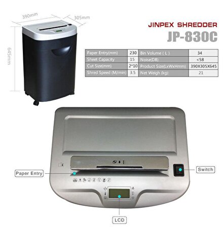 Jinpex JP-830 C 2x10 mm Mikro Kırpıntı Evrak İmha Makinesi 34 lt - 15 yaprak 