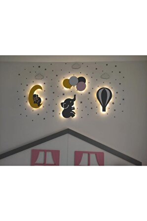 Çocuk Odası Dekoratif Ahşap Filli Ay Balonlar Ve Fil Gece Lambası Ledli Aydınlatma