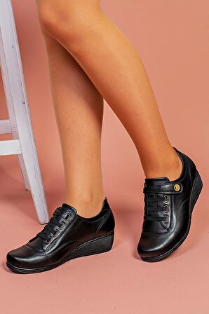 Kadın Siyah Dolgu Topuk Cırtlı Ortopedi Ayakkabı