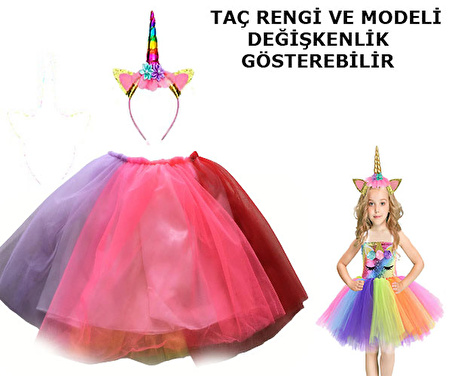 Unicorn Tütü Etek ve Taç Seti - Unicorn Kostüm Seti Çocuk Boy