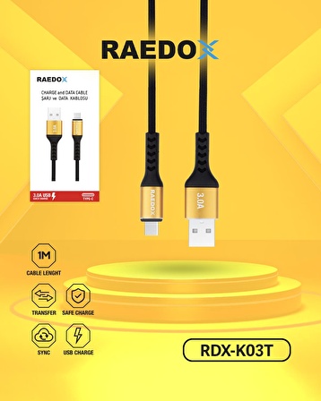 Raedox K03T Usb To Type-C 1M / 3A Kablo