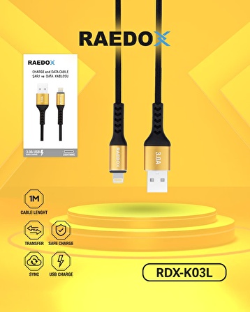 Raedox K03L Usb To Lightning 1M / 3A Kablo