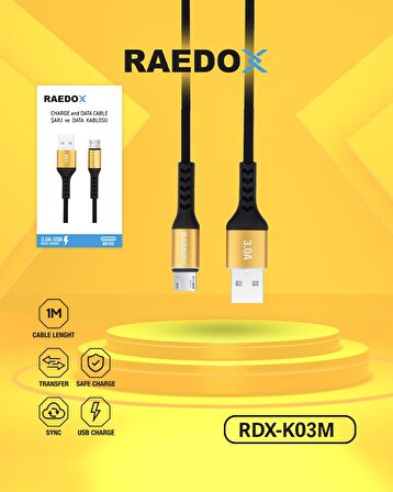 Raedox K03M Usb to Micro 1M / 3A Kablo