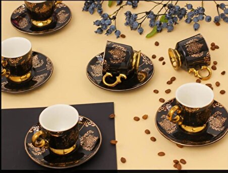 Sembol Fashion Motif Desen Siyah Gold Ayaklı 6 Kişilik Kahve Fincan Takımı PUREBONE-005