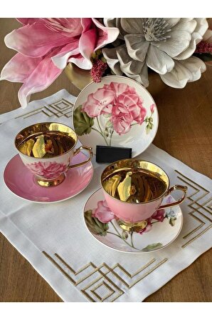 Sembol Smyrna Pembe Gold Çiçekli 6 Kişilik Porselen Kahve Fincan Takımı HARLEM-725