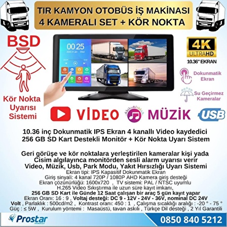 Tır ve Kamyon 10.36" Dokunmatik 4 kameralı 256 GB Destekli Kör Nokta Uyarı Sistemli Kamera Seti