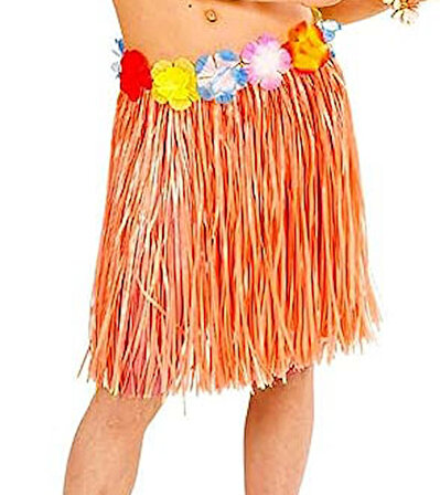 Yetişkin ve Çocuk Uyumlu Turuncu Renk Püsküllü Hawaii Luau Hula Etek 40 cm