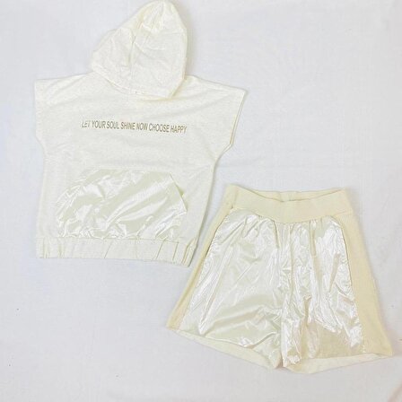 Kız Çocuk İkili Takım Vizon Kapüşonlu Sweat - Shirt Parlak Şort
