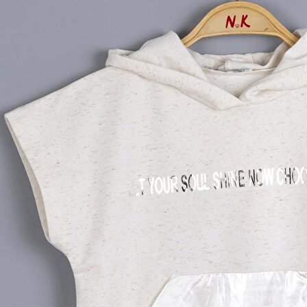 Kız Çocuk İkili Takım Vizon Kapüşonlu Sweat - Shirt Parlak Şort