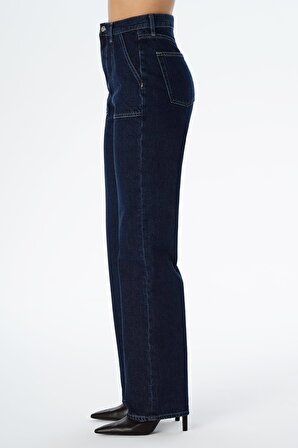 Diana Koyu Mavi Aplike Cep Detaylı Yüksek Bel Dad Straight Fit Fermuarlı Jean Pantolon C 4517-063