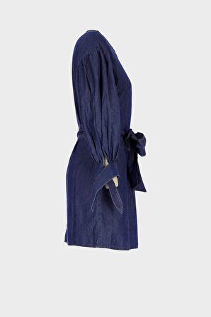 Koyu Mavi Kolu Büzgülü İnce Mini Jean Elbise C 4676-053