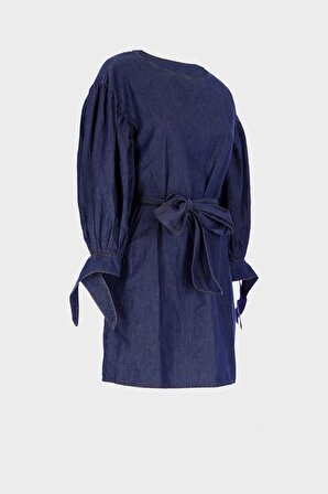 Koyu Mavi Kolu Büzgülü İnce Mini Jean Elbise C 4676-053