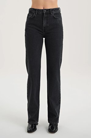 Antrasit Yüksek Bel Patı Fermuarlı Vintage Straight Fit Jean Pantolon C 4931-005