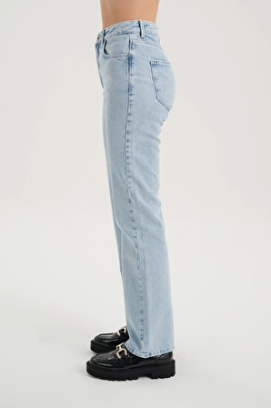 Buz Mavisi Yüksek Bel Patı Fermuarlı Vintage Straight Fit Jean Pantolon C 4931-006