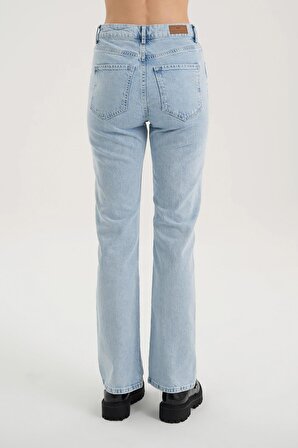 Buz Mavisi Yüksek Bel Patı Fermuarlı Vintage Straight Fit Jean Pantolon C 4931-006