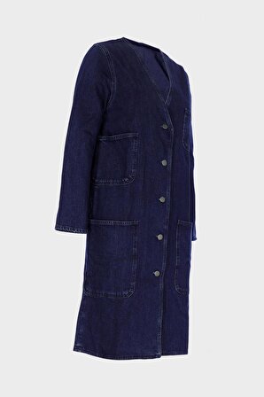 Koyu Mavi Patı Düğmeli Uzun Jean Ceket C 4538-190