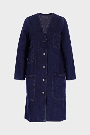 Koyu Mavi Patı Düğmeli Uzun Jean Ceket C 4538-190