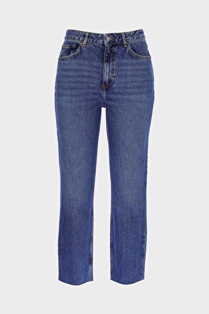 Sydney Orta Mavi Yüksek Bel Paçası Kesikli Fermuarlı Slim Straight Jean Pantolon C 4529-083