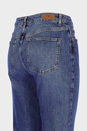 Sydney Orta Mavi Yüksek Bel Paçası Kesikli Fermuarlı Slim Straight Jean Pantolon C 4529-083