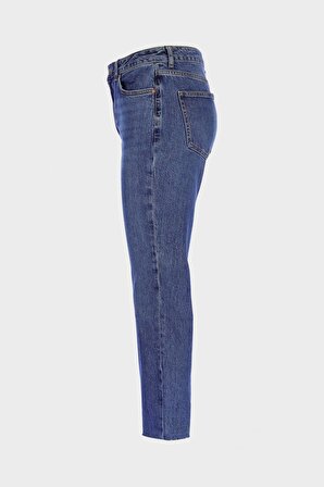 Sydney Orta Mavi Yüksek Bel Paçası Kesikli Fermuarlı Slim Straight Jean Pantolon C 4529-083