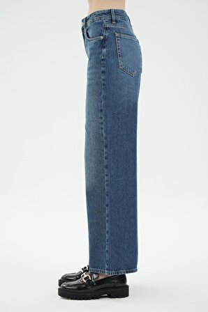 Weslie Koyu Mavi Yüksek Bel Patı Fermuarlı Wideleg Jean Pantolon C 4530-100