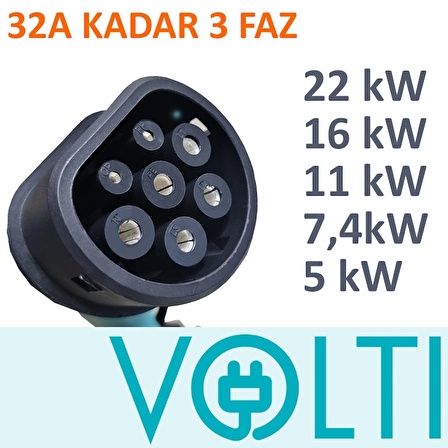 22kW-16kW-11kW-7,4kW-5kW  3 Faz 32A Kadar Elektrikli Araç Şarj Kablosu - Tüm Tip 2 İstasyonlara Uyumlu -5 Metre (5x6mm+1x0,5mm) - Pratik Kullanım - Koruma Kapağı Sayesinde Su ve Toz Geçirmez - Aracınızla Dilediğiniz Yerde Tip 2 Şarj İmkanı