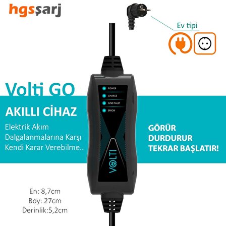 Volti GO Mobil Şarj Cihazı. Ev Tipi fiş. 3,0 kW 13A, Tip 2 Konektör. Aracınızı her yerde şarj edebileceğiniz mobil şarj cihazlarıyla güç her zaman yanınızda.