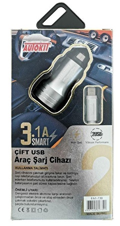 Autokit Metal Araç Şarjı 2 Usb 3.1 Amper Iphone