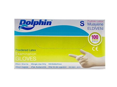 Dolphin Tek Kullanımlık Lateks Beyaz Pudralı Small ( S ) Muayne Eldiveni - 100 Adetlik 5 Paket