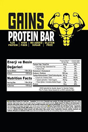 Gains Whey Proteinli Yer Fıstık Barı 40 Gr X 12 Paket