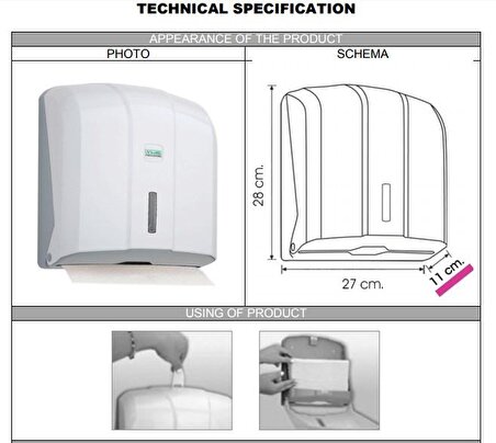 Vialli Kh 300 Z Katlı Kağıt Havlu Dispenseri Beyaz - Kapasite 300 Kağıt