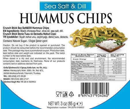 Cipsaş Crunch Stick Deniz Tuzlu ve Dereotlu Vegan Glütensiz Fırınlanmış Nohut Cipsi (Hummus Chips)