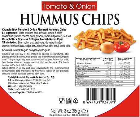 Cipsaş Crunch Stick Domates ve Soğan Aromalı Vegan Glütensiz Fırınlanmış Nohut Cipsi (Hummus Chips)