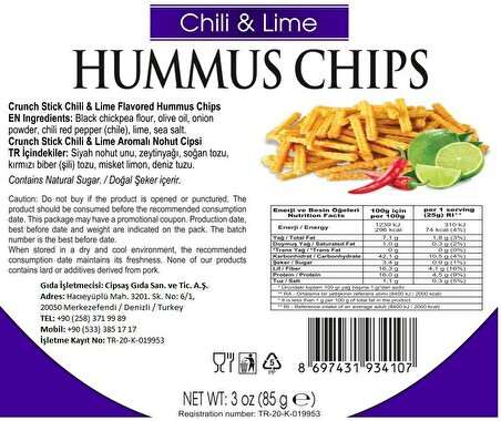 Cipsaş Crunch Stick Chili & Lime Aromalı Vegan Glütensiz Fırınlanmış Nohut Cipsi (Hummus Chips)