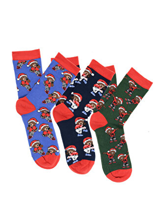 Paul Kenzie 3'lü Çok Renkli Kadın Soket Çorap Teddy Christmas