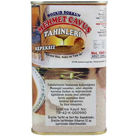 Mehmet Çavuş Kepeksiz Bozkır Tahini Teneke Kutu 2 Kg (Net 1800 gr)