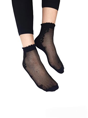 Kadın Fantazy Tek Çift Siyah Desenli 36-41 Numara İnce Kısa Çorap Bt-0678