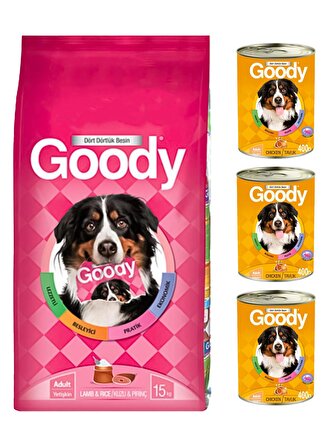 Goody Kuzu Etli ve Pirinçli Yetişkin Köpek Maması 15 Kg + 3 Adet Goody Konserve Hediyeli
