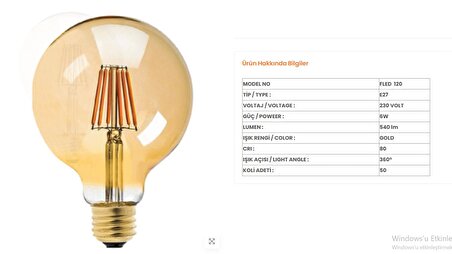 8W LED 230V E27 G95 FLAMANLI RUSTİK GLOB AMPUL GOLD RENK