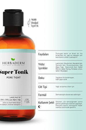 Herbaderm Pore Tight Sivilce, Siyah Nokta Karşıtı Super Tonik Laktik Asit %7 150 ml