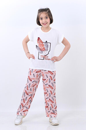 Vitrin Kids Kuş Tüyü Baskılı Tişört ve Pantolon 2 li Kız Çocuk Takım VTRN217677