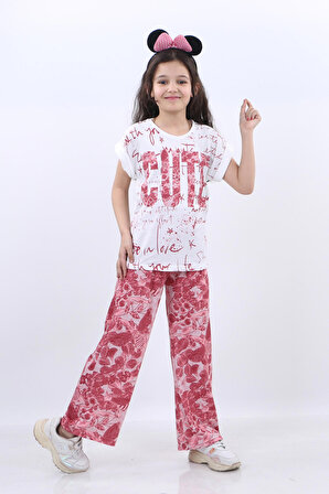Vitrin Kids Çiçek ve Cute Baskılı Tişört ve Pantolon 2 li Kız Çocuk Takım VTRN214849
