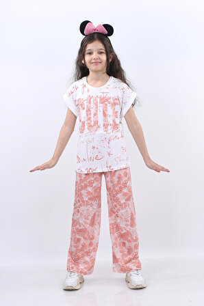 Vitrin Kids Çiçek ve Cute Baskılı Tişört ve Pantolon 2 li Kız Çocuk Takım VTRN214849