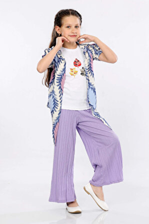 Mornio Kız Çocuk 3'lü Takım Bağlamalı Gömlek-T-shirt ve Geniş Paça Pantolon MRN2423