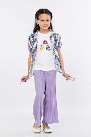 Mornio Kız Çocuk 3'lü Takım Bağlamalı Gömlek-T-shirt ve Geniş Paça Pantolon MRN2423