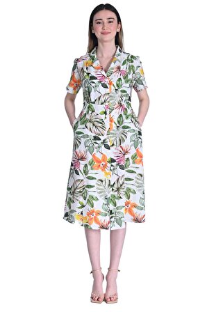 Fever Kadın Tropik Desenli Keten Elbise 331116121 Haki