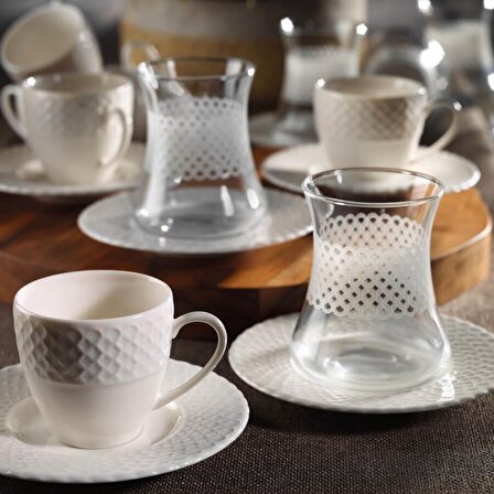 Kütahya porselen iron 18 prç. çay ve kahve fincan takımı seti krem