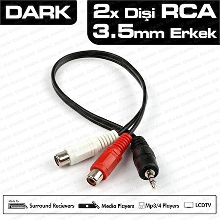 Dark 3.5mm Stereo Erkek - 2 x RCA Dişi (Analog Ses) Dönüştürücü Kablo